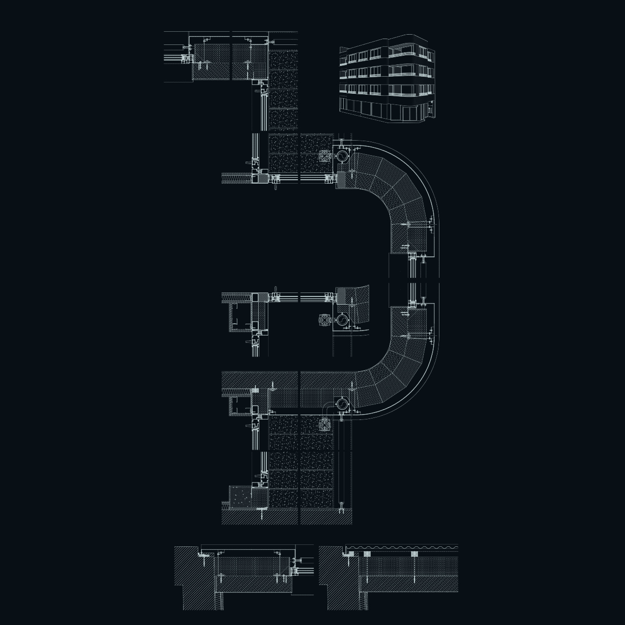 Détail de l’enveloppe extérieure d’un immeuble à appartements à Uccle, projet de SPKTR Architects, dessin de Miguel Camba