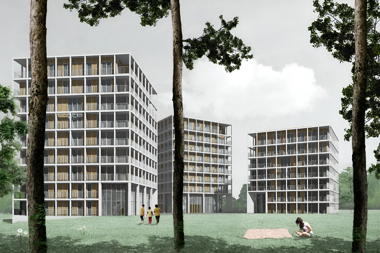 Vue extérieure de l’ensemble de 160 logements sociaux pour la SLRB, projet de MDW Architecture