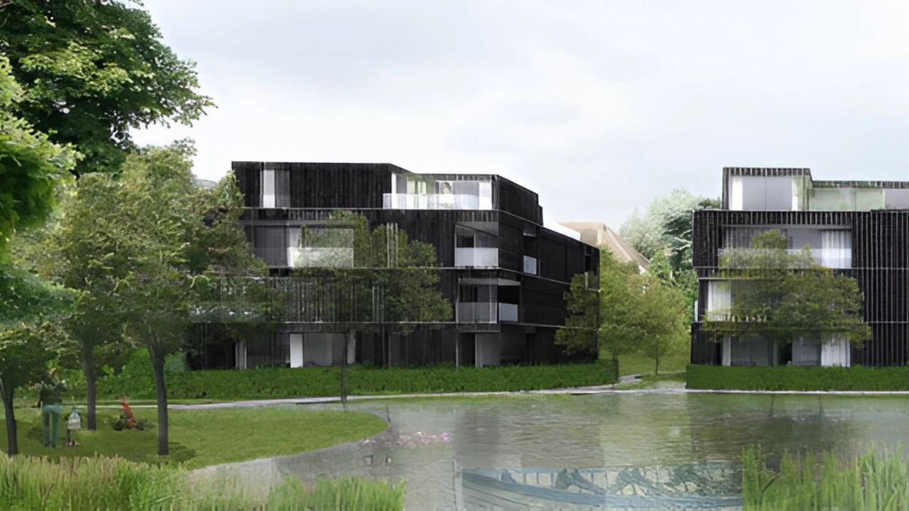 Modélisation du projet Moulin Blanc pour la construction d'un ensemble immobilier ainsi que l'aménagement paysager du site. Par MDW Architecture